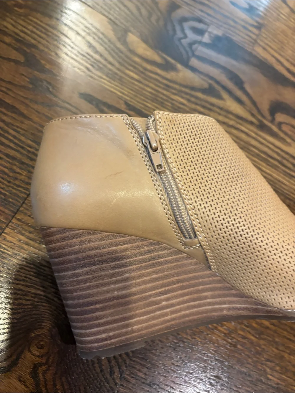 Lucky Brand Tan Perforated Open-Toe Wedge Booties